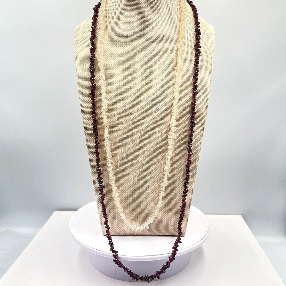Vintage‎ Boho Red Garnet & Pale Citrine Chip Bead Long Layering Necklace Set 2pc